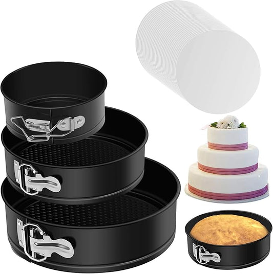 MASSUGAR Springform Cake Pan Set of 3 Non-stick Leakproof Round Cheesecake Pan with Removable Bottom, Circle 3 Pieces 4" 7" 9" Springform Pans for Baking with 50 Pcs Parchment Paper Liners