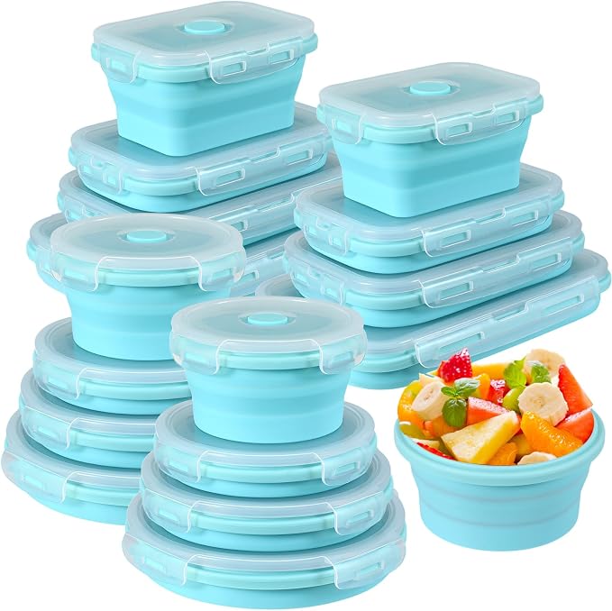 Yaomiao 16 Pack Collapsible Food Storage Containers with Lid Air Vent Foldable 8 Rectangle Storage Bowl and 8 Round Silicone Food Bow for Lunch Camping Rv Accessories Microwave Freezer(Blue)