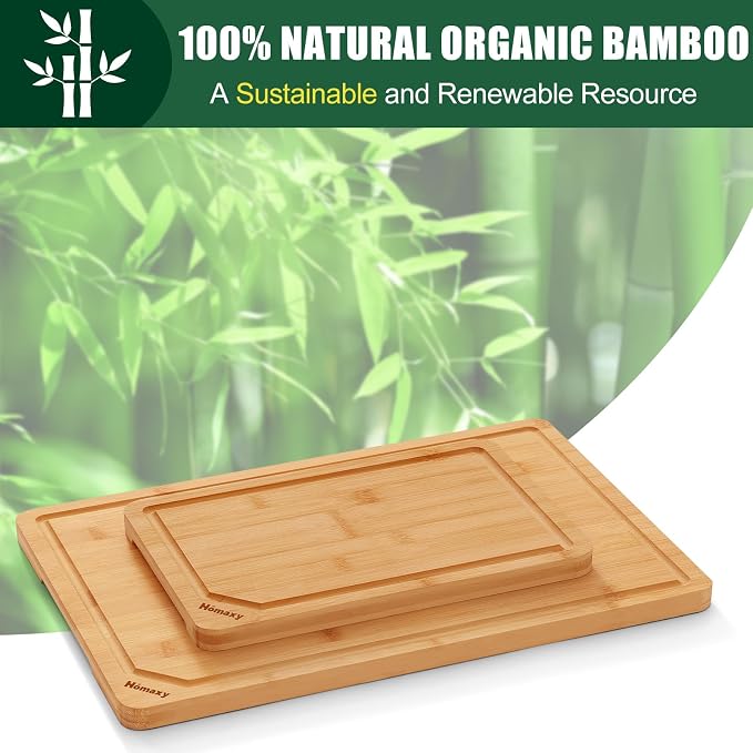 Homaxy Organic Bamboo Cutting Boards Set for Kitchen Set of 2 | Wooden Cutting Board Set with Juice Groove and Handles, Charcuterie Butcher Block Serving & Chopping Board, Pre Oiled