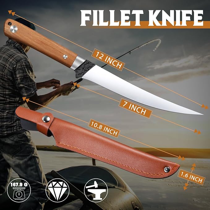 Huusk 7 inch Fillet Knife - Sharp Japanese Fillet Knife for Fish | Wooden Handle, Professional Flexible Boning Knives, Gift Box, for Meat Cutting and Trimming