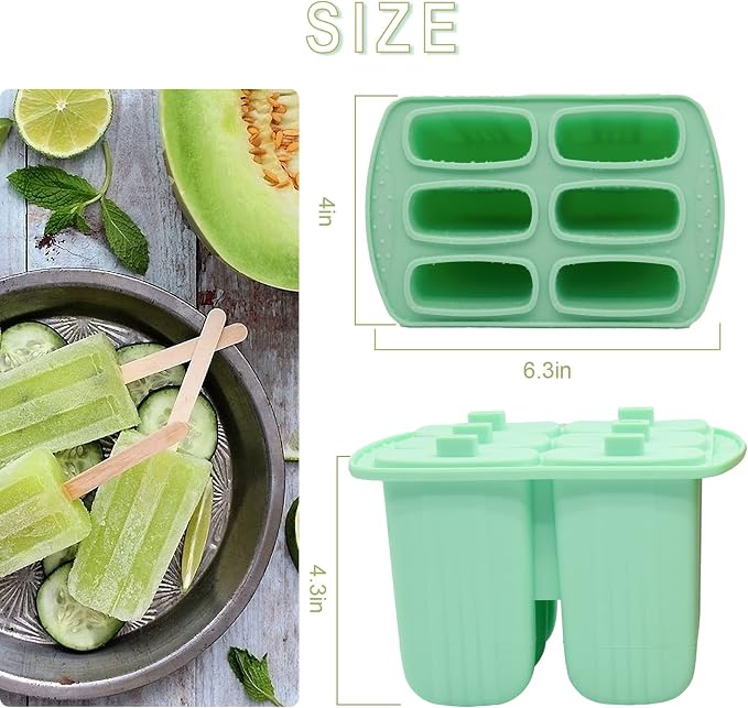 6 Pieces Silicone Popsicle Molds,Easy-Release Bpa-Free,Ice Pop Mold,Ice Cream Molds For Kids,With 50 Pcs Popsicle Sticks+Cleaning Brush(Green）