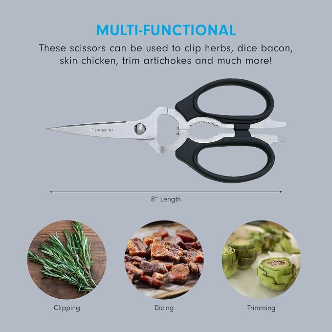 Messermeister 8-Inch Take-Apart Kitchen Scissors, Black - Includes Screwdriver, Nut Cracker, Jar Lid Opener/Gripper, Bottle Opener & Bone + Twig Cutter - Suitable for Lefties & Righties
