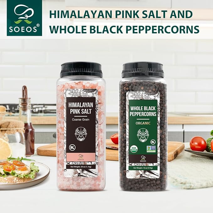 Soeos Himalayan Pink Salt Coarse 39 oz + Organic Black Peppercorns 18 oz, Salt for Grinder Refill, Salt and Peppercorns, Pepper Grinder Refill, Non-GMO Spice Seasoning Set For Cooking