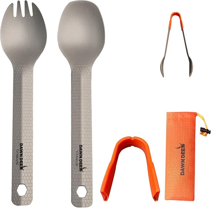 3 in1 Titanium Ultralight Cutlery Set, Long Handle Spoon and Spork, Camping tong, Travel Utensils with Bag (16CM)