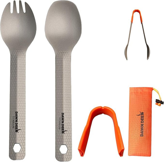 3 in1 Titanium Ultralight Cutlery Set, Long Handle Spoon and Spork, Camping tong, Travel Utensils with Bag (16CM)