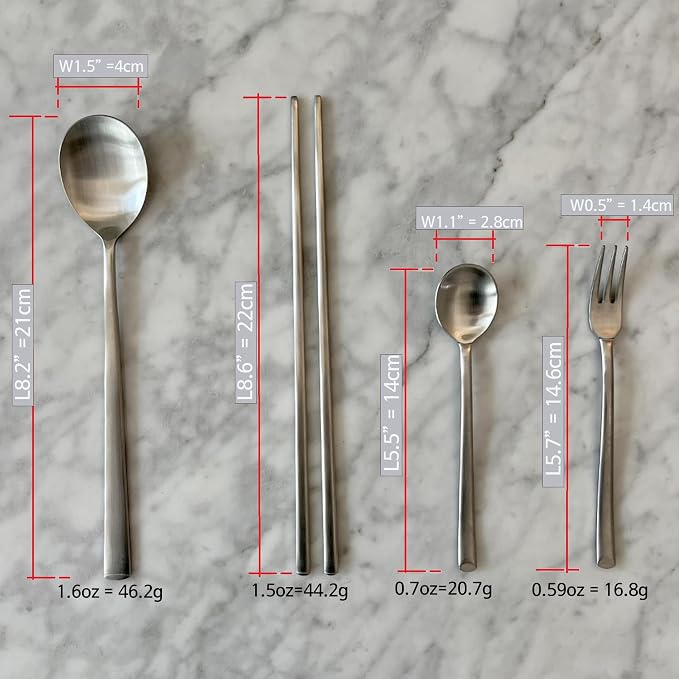 Korean Made Stainless Steel Silver Utensil Flatware Cutlery Korean Chopsticks and Spoon Set Tea Spoon and Tea Fork Set, 4SET Stocking Stuffer Gift for Mom Stocking Stuffer