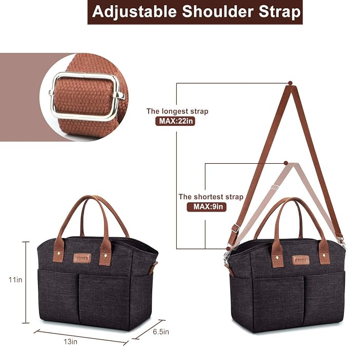 Lunch Bags for Women Insulated Thermal Lunch Tote Bag with Shoulder Strap Upgrade Large Lunch Box Container Drinks Holder for Adults Men Work Picnic Beach Park, Dark Black