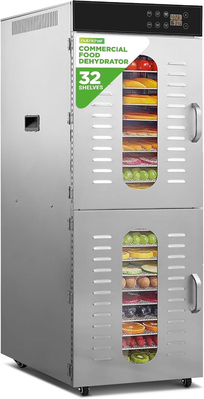 NutriChef 32 Layer & 2 Chamber Commercial Food Dehydrator Machine - Stainless Steel Trays, Digital Timer and Temperature Control, Ideal for Jerky Meat, Fruit, Pet Treats, Vegetables, and Herbs