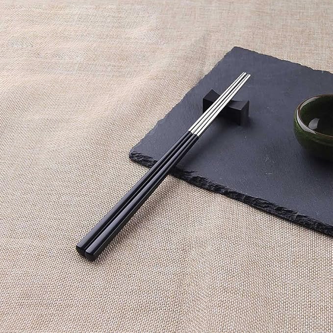 Qinlang Reusable Chopsticks, Stainless Steel Tips/Fiber Glass Handles, Dishwasher Safe, Non-Slip Metal Chopsticks for Cooking Eating, 5 Pairs Gift Pack - Black