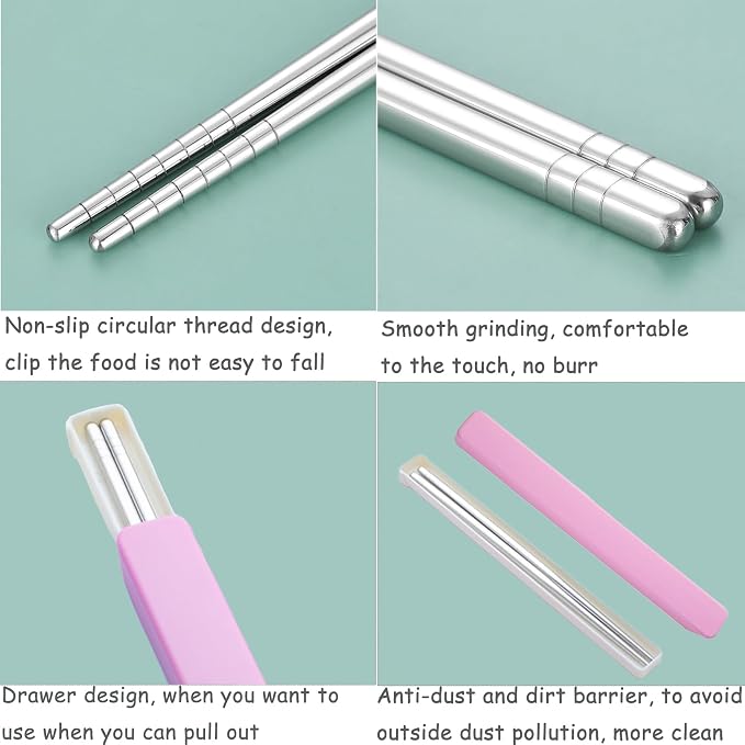 Metal Chopsticks 1 Pair Reusable Chopsticks Stainless Steel Chopsticks with Pull Design Case Portable Utensil for School Home Office Camp Travel Bento Box (Pink)