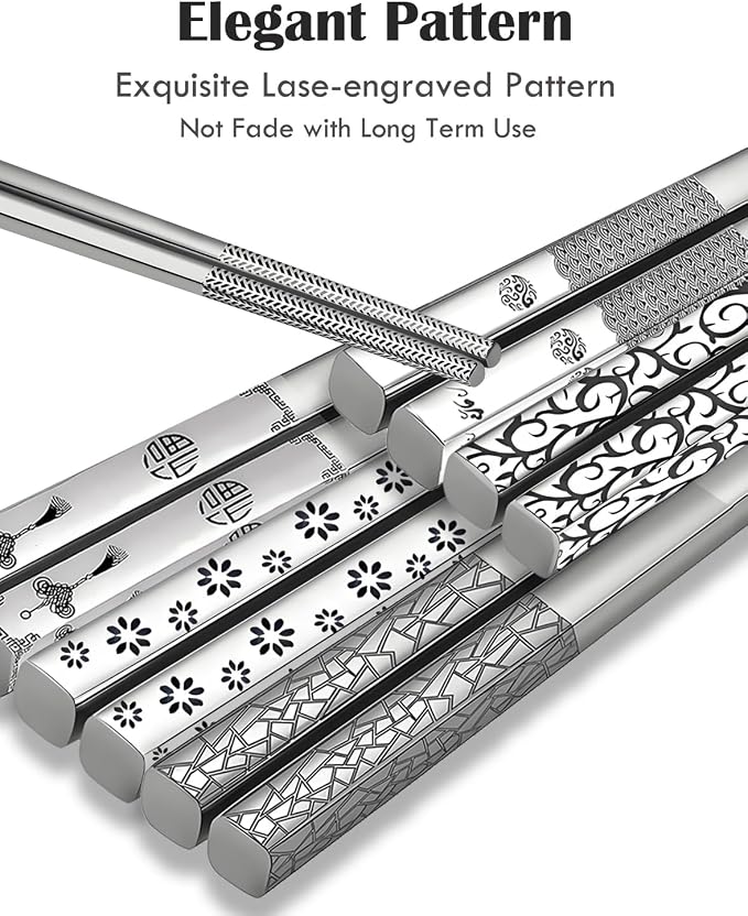Metal Chopsticks Reusable 5 Pairs 18/8 Stainless Steel Chopsticks Mixed Set | Dishwasher Safe,Non-Slip Grip,Good for Beginners,Come in a Gift Box,SUS304 Resistant to Rust,Square,Chop Sticks Silver,9.25''