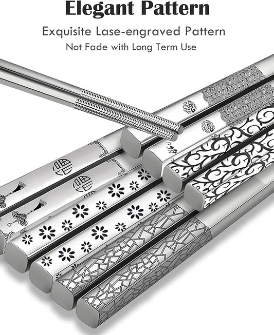 Metal Chopsticks Reusable 5 Pairs 18/8 Stainless Steel Chopsticks Mixed Set | Dishwasher Safe,Non-Slip Grip,Good for Beginners,Come in a Gift Box,SUS304 Resistant to Rust,Square,Chop Sticks Silver,9.25''