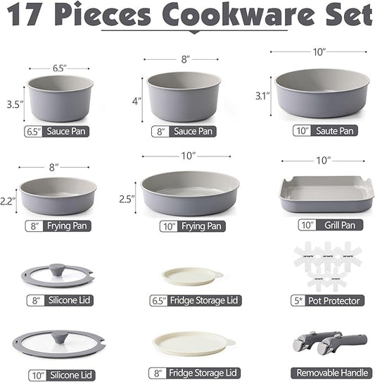 SENSARTE 17 Piece Ceramic Pots and Pans Set, Nonstick Detachable Handle Cookware, Induction Kitchen Cookware Set with Removable Handle, Dishwasher ＆ Oven Safe (Gray)