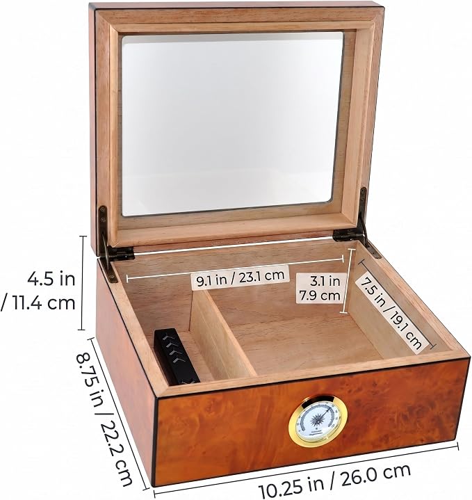 Cigar Humidor Case, Holds 25-50 Cigars, Tempered Glass Top Display, Handcrafted Spanish Cedar Wood Desktop Cigar Box with Divider, Humidifier, Hygrometer, Burlwood Blond,