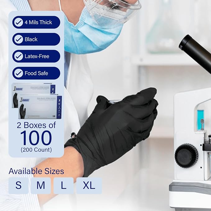 1st Choice Black Nitrile Gloves Disposable Latex Free - Exam Grade Black Gloves for Cooking, Medical, Dental, Cleaning - 4mil