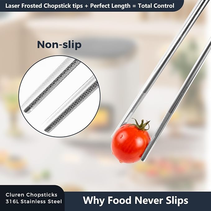 Premium 316L Stainless Steel Chopsticks Set (5 Pair silver) - Reusable Metal Chopsticks with Laser Etching, Elegant Gift Box, Dishwasher Safe