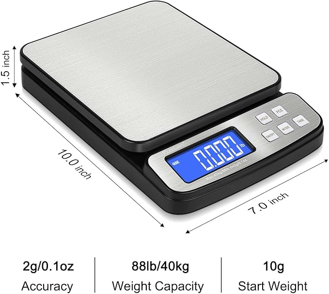 Fuzion Digital Shipping Postal Scale 88lb x 0.1oz, Stainless Steel Platform | All-in-1 Shipping Scale, Large Display, Hold/Tare/PCS Counting, Easy Calibration, 5 Units, Scale for Packages, Small Business