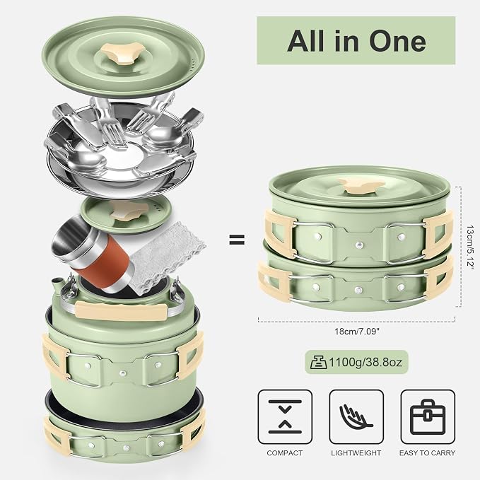 Odoland 15pcs Camping Cookware Mess Kit, 1.9L Pot, for Camping, Backpacking | Anodized aluminum, for hiking, outdoor cooking and picnic, 1.9L pot 0.8L kettle 0.86L pan mess kit, little compact pot set