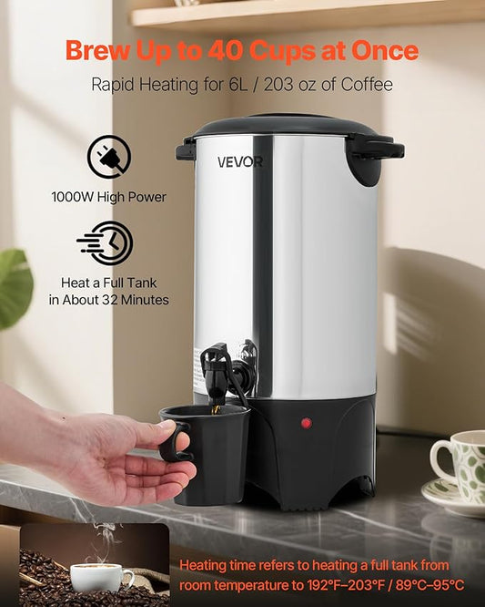 VEVOR Commercial Coffee Urn, 40 Cup 6 L Hot Beverage Dispenser with Dripless Faucet, Quick-Brewing Commercial Coffee Maker, with Stainless Steel Liner, for Catering, Business, Church & Restaurant