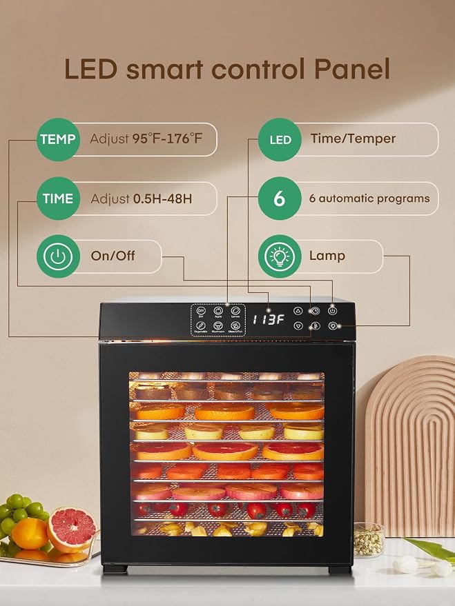 FOHERE Food Dehydrator 1000W 10 Trays with Digital Timer 176 Degrees | Large 9.04 square foot drying space with light. For dog treats, herbs, meat, fruit and yogurt.