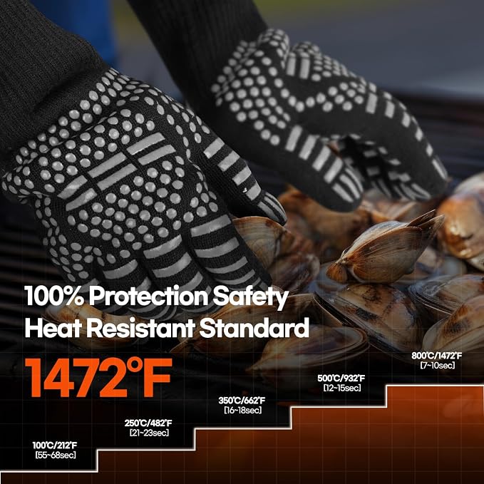 BBQ Gloves Heat and Flame Resistant Protection - Oven and Grill Gloves Hand Protection, Extended Wrist for Addtional Safety, Ideal for Outdoor Cooking, Grilling, Barbeque and Campfire (Grey)