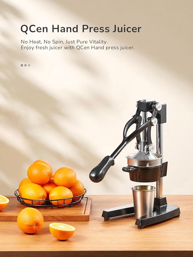 QCen Manual Citrus Juicer Cast Iron Heavy Duty Orange Press | Stainless Steel Strainer, Hand Squeezer, Easy To Clean, For Orange, Lemon, Lime And Grapefruit, Black