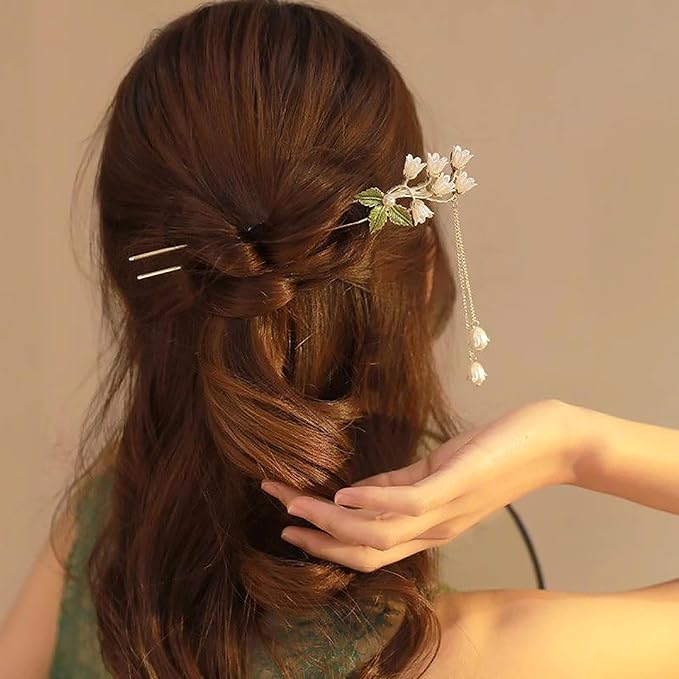 2Packs Lily of the Valley Chinese Hair Sticks for Buns, Pearl Flower Vintage Metal Hair Chopsticks for Women and Girls Dangle Tassel Pendant Accessories Hanfu Handmade Decor Hairpin (green)
