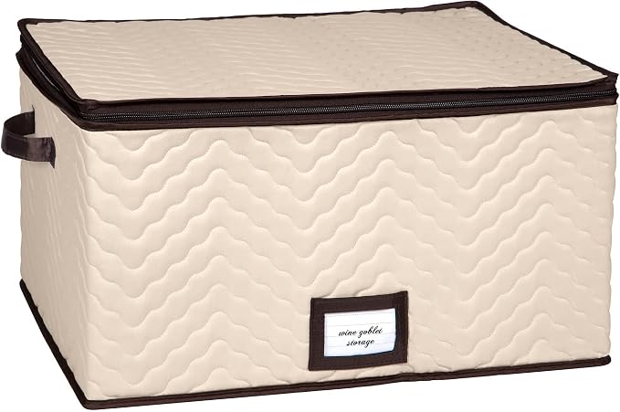 Wine Glass Storage Box with Dividers, Holds 12 Glasses up to 4.25" Wide | Stemware Storage Case, Protects Fine China, Durable Quilted Microfiber, Carry Handles, Ideal for Red Wine Glass