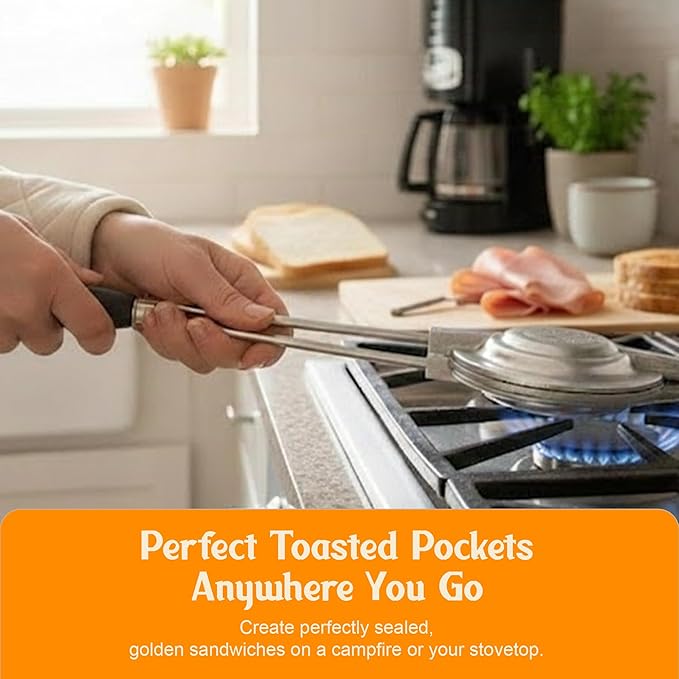 Sandwich Grill XL, Handheld Panini Press & Sandwich Maker, Cast Aluminum Pie Iron, Portable Hot Pocket & Dessert Cooker, Ideal for Camping, RV, Stovetop, Grill, Campfire, Outdoor Cooking