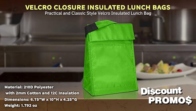 DISCOUNT PROMOS 10 Hook and Loop Insulated Lunch Bags Set - Polyester, Durable, Vibrant, Reusable - Green