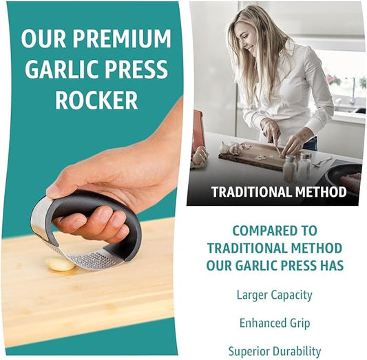 GD Garlic press rocker, crusher, mincer tool stainless steel with a Garlic Peeler, spatula, and Brush extract more Garlic Paste. The Garlic Mincer Tool Squeezes, Extracts, Crushes