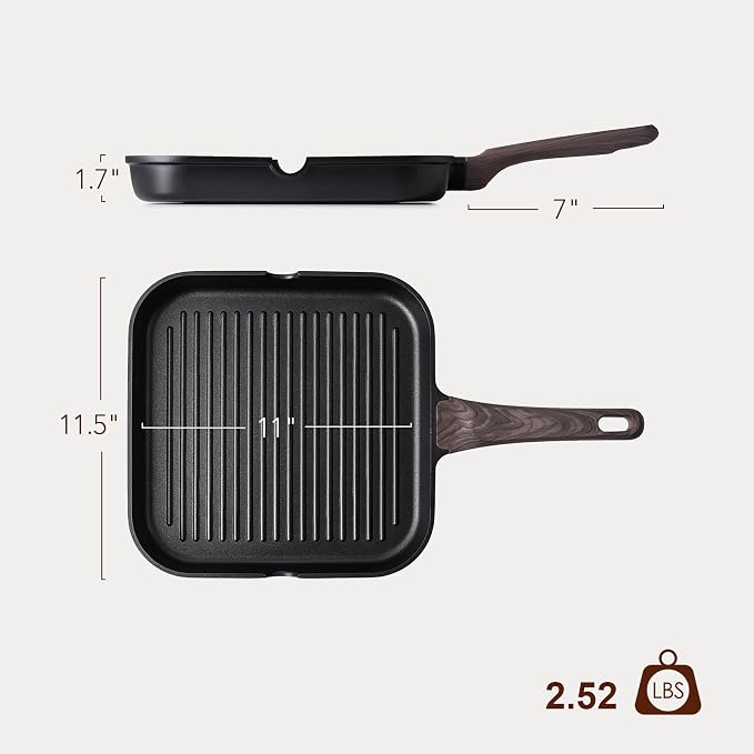 SENSARTE Nonstick Grill Pan for Stove Tops, Versatile Griddle Pan with Pour Spouts, Square Grill Pan for Big Cooking Surface, Durable Grill Skillet for Indoor & Outdoor Grilling. PFOA Free, 11 Inch