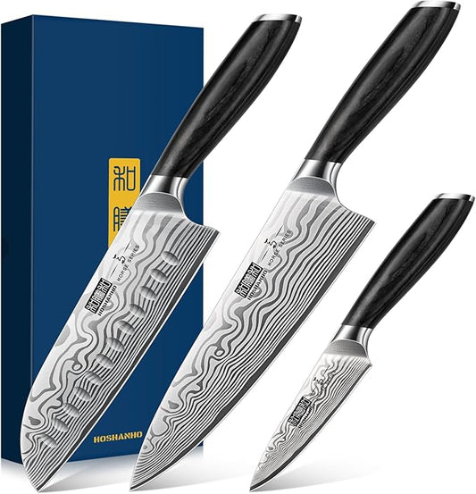 HOSHANHO 3 Pieces Knife Set, Professional High Carbon Powder Steel Kitchen Knife Set, Ultra Sharp Knives Set for Kitchen with Elegant Gift Box