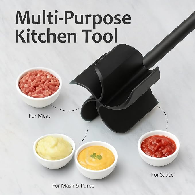 Ourokhome Meat Chopper and Potato Masher, Heat Resistant Nylon Ground Beef Smasher for Hamburger, 5 Curved Blades Nonstick Safe Mixer & Stirrer, Practical Kitchen Gadgets, Green