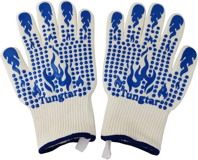 Oven Mitts Heat Resistant BBQ Proof Glove 11Inch 1472℉ Grill Glove Proof Heat for Women Men BBQ Gloves Gift Set Cooking Gloves for Cooking, Grilling, Baking, Welding (White Blue)