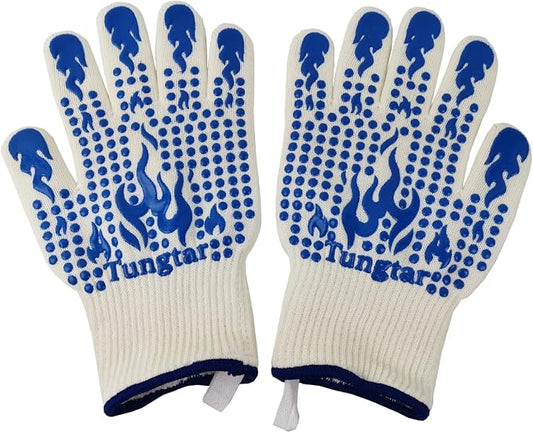 Oven Mitts Heat Resistant BBQ Proof Glove 11Inch 1472℉ Grill Glove Proof Heat for Women Men BBQ Gloves Gift Set Cooking Gloves for Cooking, Grilling, Baking, Welding (White Blue)