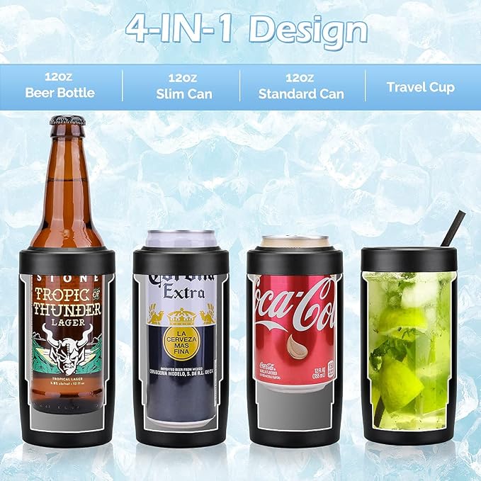 Morefeel 4-in-1 Insulated Can Cooler for 12 oz Cans & Bottles | 304 Stainless Steel Can Holder Fits 12 Oz Slim Cans, Standard Cans, Beer Bottles & Works as A Open Cup; Dishwasher Safe