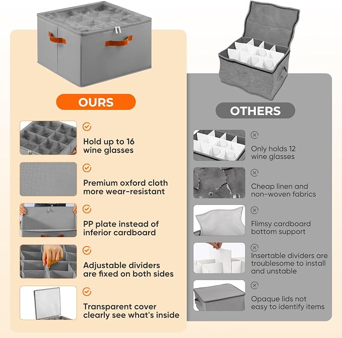 Foyego Wine Glass Storage Box, 2 Pack, Gray | 32 Adjustable Dividers, Hard Shell, Stackable China Storage Containers Holds Stemware, Glassware, Crystal for Packing&Moving