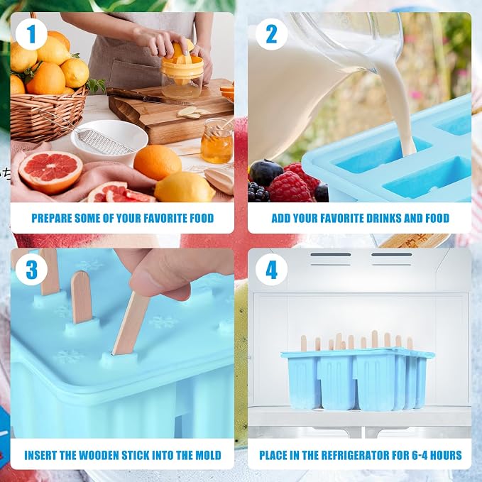 popsicle molds, Silicone ice pop mold Food Grade cakesicles mold for ice cream 50 popsicle sticks 50 popsicle bag (Sky Blue, 12 Cavities)
