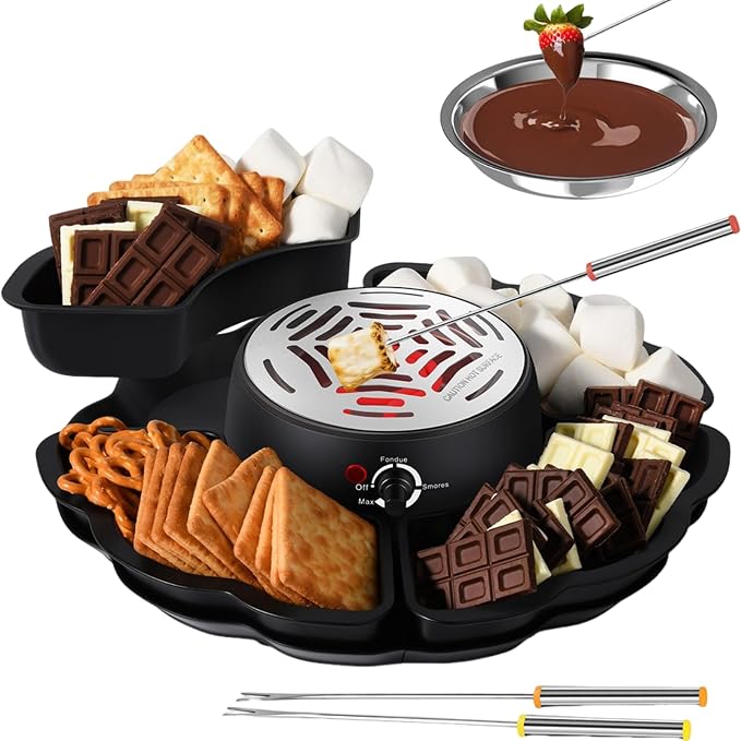 2-in-1 Electric S'mores Maker and Chocolate Fondue Set with 4 Detachable Food Trays, Stainless Steel Melting Pot, 4 Roasting Forks, Black