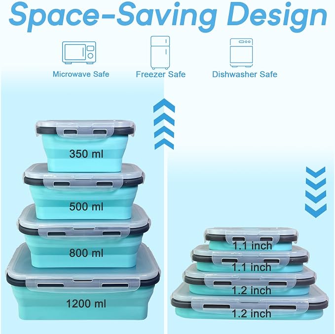 Guyuyii 4 Pack Space-Saving Collapsible Food Storage Containers with Lids | 12/17/27/40 oz Food-Grade Silicone Set for RV, Camping, Meal Prep, Small Kitchens - Microwave/Freezer/Dishwasher Safe
