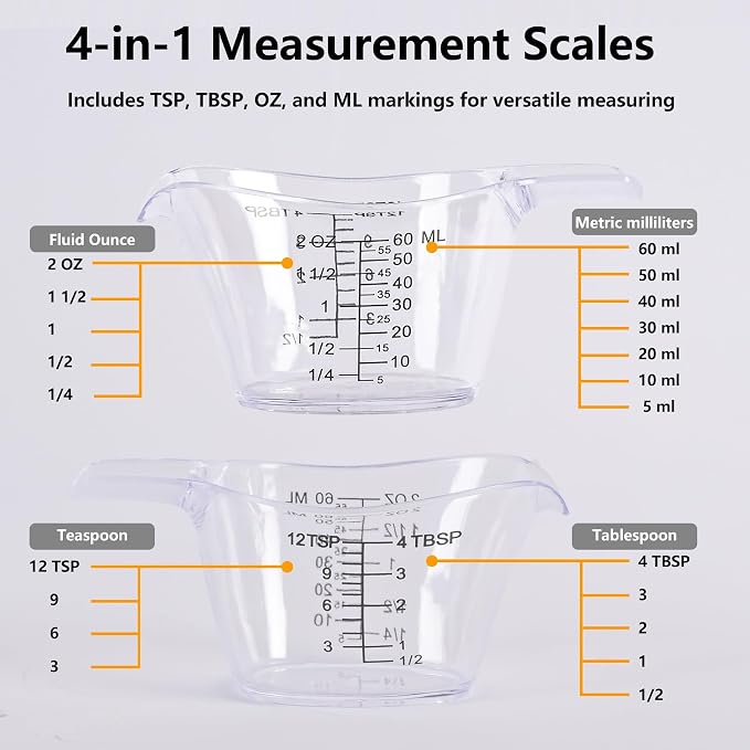 2 Pack Small Measuring Cups, 2oz/60ml Mini Measuring Cup with tsp/Tbsp/oz/ml Markings, Clear Easy-Read Scale for Kitchen, Resin, DIY, Beauty Mixing (2)