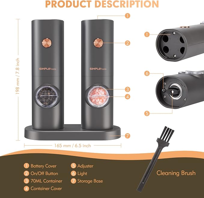 SIMPLETASTE Electric Salt and Pepper Grinder Set with LED Light, Automatic Pepper Mill Shakers with Adjustable Coarseness, One Hand Operation for Kitchen, Dining, Gifting, Space Gray, Battery Operated