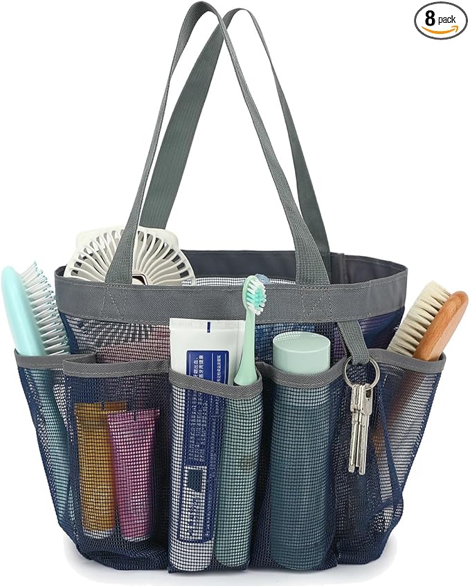 Fammart Mesh Shower Caddy Portable for College Dorm Room Essentials, Odorless Polyester Large Shower Tote Bag with Dual Handles, 8-Pocket Quick-Dry Toiletry Organizer for Travel, Beach, Camping, Gym