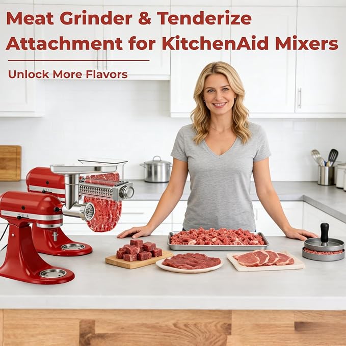 Meat Grinder & Meat Tenderizer Attachments Compatible with KitchenAid Stand Mixer, 3 Adjustable Thickness - Includes 4 Grinding Plates, 3 Sausage Stuffer Tubes & Burger Press