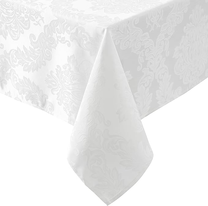 Newbridge Barcelona Luxury Damask Fabric Tablecloth, 52” Wide x 70” Rectangle, White, 100% Polyester, No Iron, Soil Resistant Dining Room, Party and Banquet Table Cover