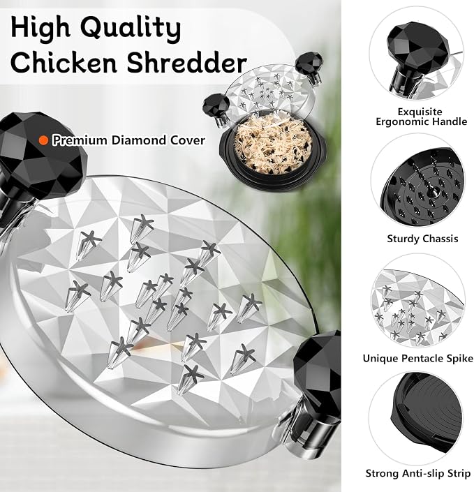 Chicken Shredder with Brush 10" Pro Chicken Shredder Tool Twist Stable Anti-Slip BPA Free Meat Shredder Tool Twist Ergonomic Handle Meat Grinder Dishwasher-safe Transparent Lid Black