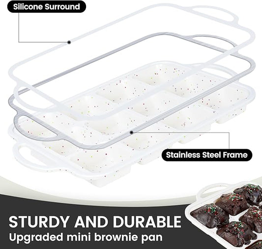 Vinino Silicone Brownie Pan With Dividers, 2 Pack Mini Loaf Pan for Baking Individual, Nonstick 12 Cups Square Muffin Cupcake Pans with Metal Reinforced Frame-Cream