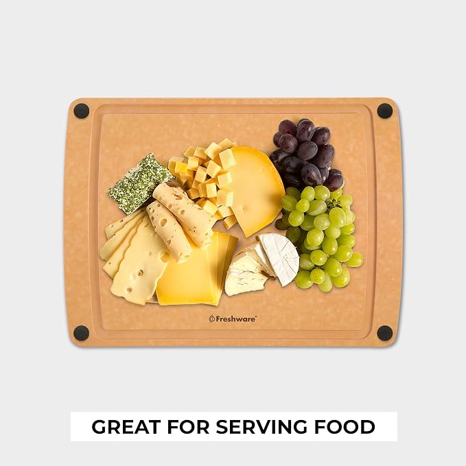 Freshware Wood Cutting Board for Kitchen, Juice Groove, Non-Slip Silicone Feet, Dishwasher Safe, Large, 15" x 11.25", Natural