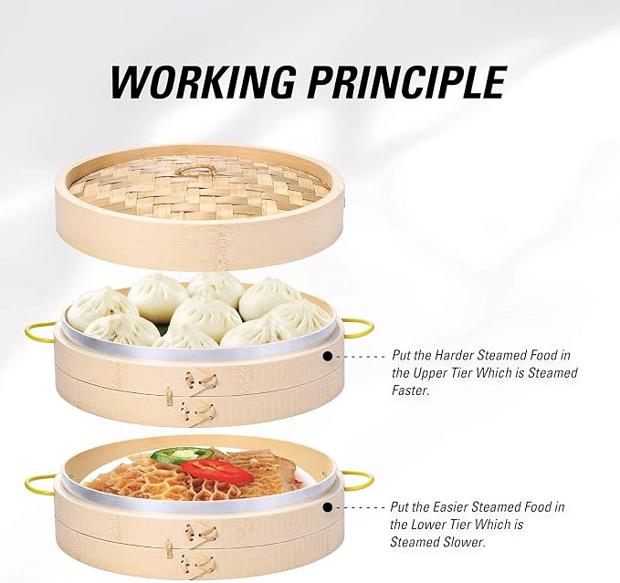 MacaRio 10 Inch Bamboo Steamer Basket Set Dumpling Steamer for Cooking | 2-tier with lid side handles chopsticks ceramic sauce dishes 50 paper liners for dumplings buns vegetables